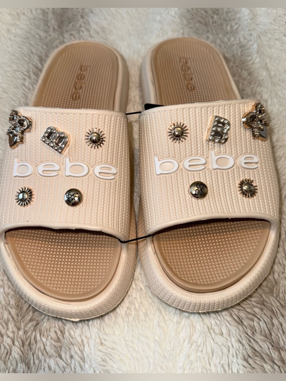 Bebe Women’s Slide Sandals Cream Gold Embellished Logo Slip-On Casual Slides